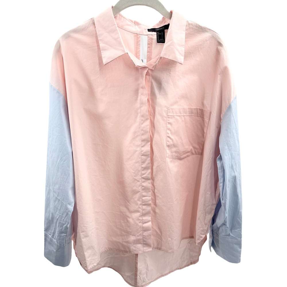 Forever 21 Womens Pastel Colorblock Open Tie Back Button Down Shirt Blush Blue L